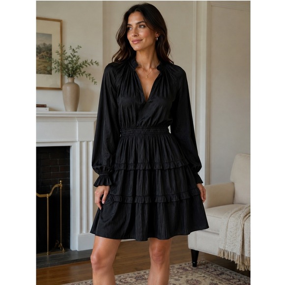 Scoop Dresses & Skirts - Black Pleated Satin Mini Dress‎ XS Long Sleeve Tiered Ruffle Smocked Waist